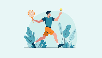 Male tennis player hitting a ball with a racket in an outdoor court, flat vector illustration.