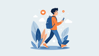  Man Walking with a Backpack for Fitness and Well-being – Flat Art Illustration