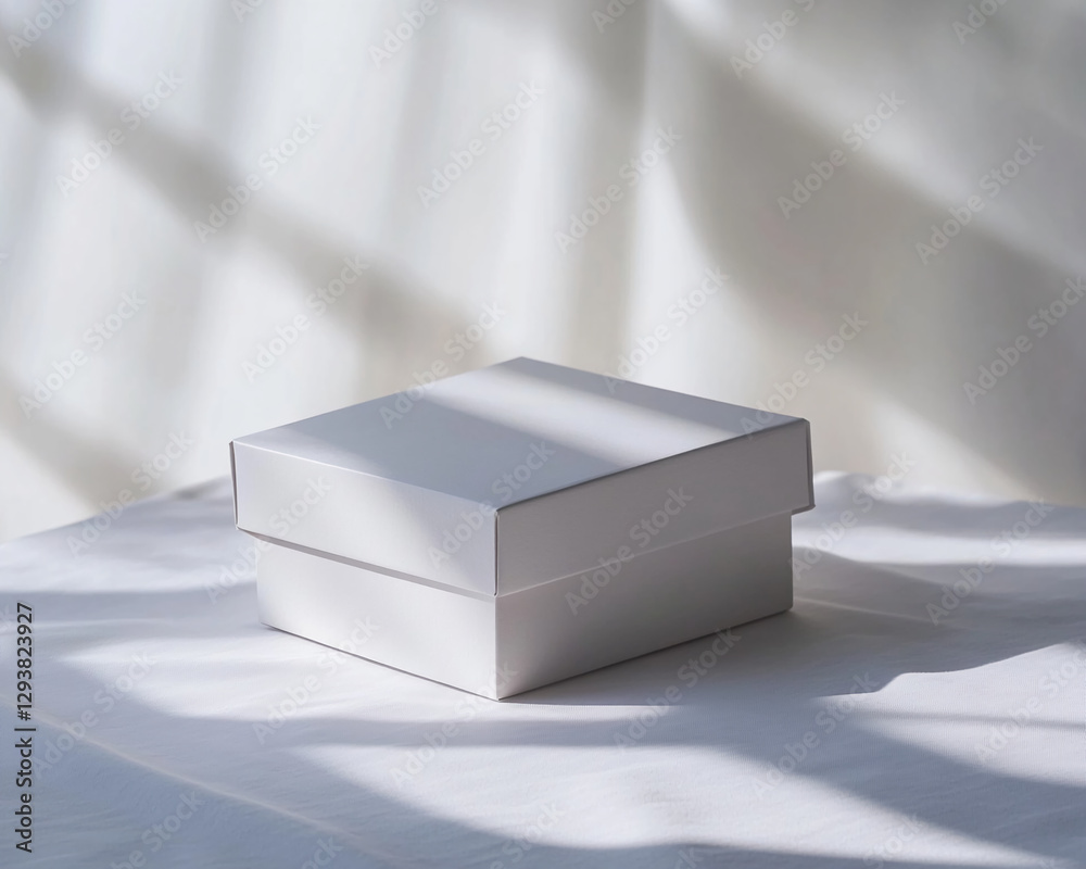 Poster minimalistic white gift box placed on a soft light background with gentle shadows, symbolizing elega