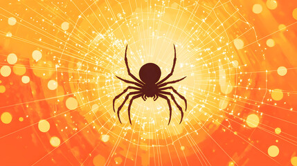 A spider weaving its web in the center of an orange and yellow background
