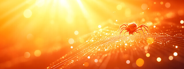 A spider weaving its web in the center of an orange and yellow background
