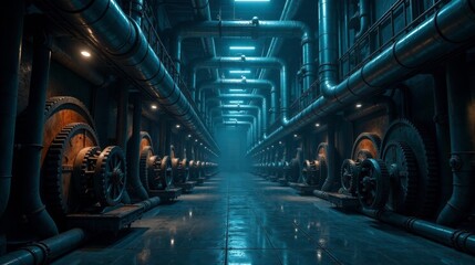 Fototapeta premium Mysterious Industrial Corridor A Long, Dark Passageway Lined with Ancient Gears and Industrial Piping Underneath a Teal Glow