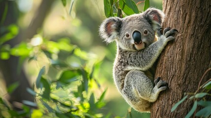 Fototapeta premium Playful Koala Climbing Tree in Natural Australian Habitat