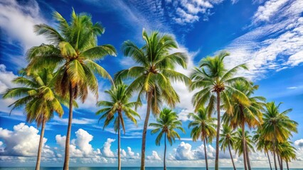Obraz premium Palm trees stand tall against a bright blue sky with soft white clouds , clear blue sky, tropical beach scenery