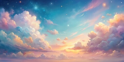 Whimsical clouds and sunsets in a stylized sky illustration with pastel colors, soft brushstrokes, and dreamy textures, ethereal