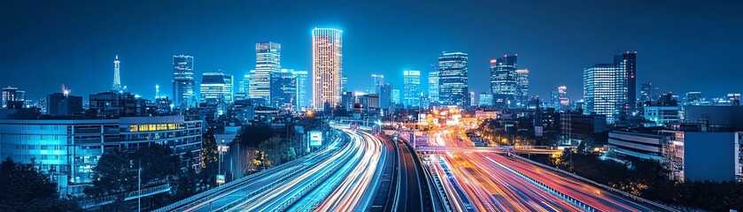 Fototapeta premium Nighttime city skyline with smart infrastructure, long exposure effect on the highway in the foreground, wireless connectivity, glowing lights, futuristic technology, 8K clarity
