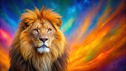 Fototapeta premium Regal lion with bright orange mane standing proudly in front of a colorful and vibrant background, lion, wildlife, lion