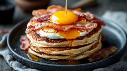 Exquisite close-up macro photography showcasing fluffy pancakes topped with crispy bacon strips, perfectly cooked poached egg with creamy yolk spilling, smooth hollandaise sauce elegantly poured,