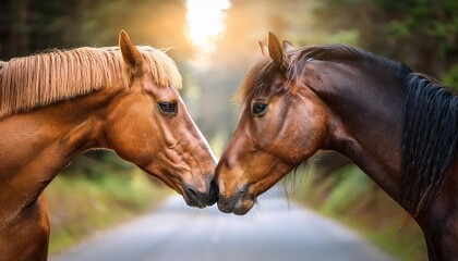 Naklejka premium Intimate Moment Between Two Horses Stallion and Mare Nuzzling in a Forest Clearance on a Rural Road at Sunset, Capturing a Poignant Bond Filled with Respect and Affection.
