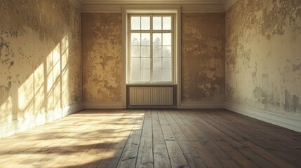 Empty Room with Rustic Walls and a Window Bathed in Sunlight
