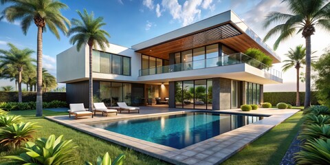 Obraz premium Modern villa with private pool, palm trees and clean lines exterior architecture, infinity pools, tropical landscaping