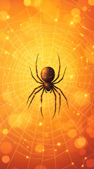 A spider weaving its web in the center of an orange and yellow background
