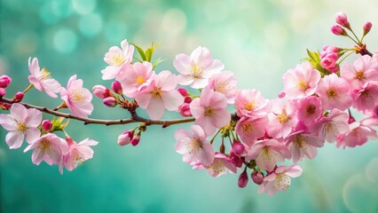 Obraz premium Freshly picked cherry blossoms gently intertwined with slender branches of blooming cherry tree, showcasing vibrant pink hues against a soft green background , spring bouquet, pastel colors