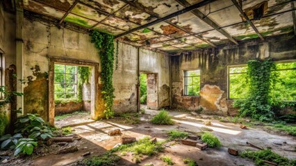 Abandoned building with dirt-covered walls, peeling paint