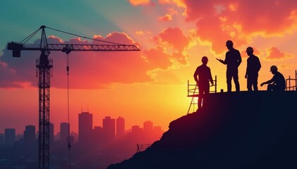 Silhouette of construction workers with scaffolding and crane , safety, photo, hardhat