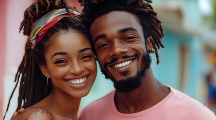 Fototapeta premium Joyful Couple with Dreadlocks Embracing in Tropical Setting
