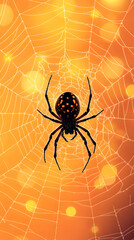 A spider weaving its web in the center of an orange and yellow background

