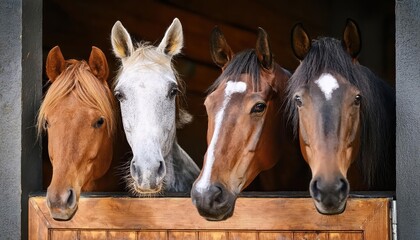 Obraz premium Three Playful Horses Smiling in a Stable A Joyous Scene of Equine Friendship Bathed in Natural Light, Capturing the Charm and Warmth of Equestrian Life.