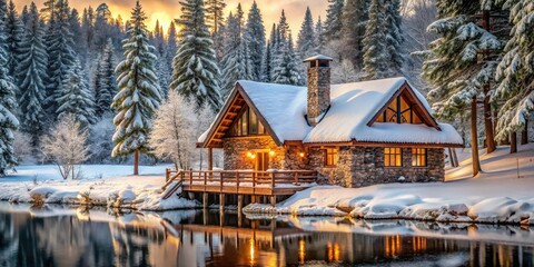 Fototapeta premium Chalet villa with a stone chimney nestled in a winter forest, surrounded by snow-covered trees and a frozen lake in the background , wooden chalet, rustic charm