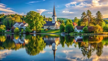 Serene lakefront village surrounded by lush greenery and trees with a historic church standing majestically in the center, its steeple reaching towards the sky , village, nature