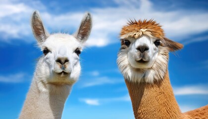 Obraz premium Stunning Portrait of Two Alpacas Against a Vast Blue Skyscape South American Camelids Grazing Peacefully Amidst Serene Landscapes