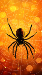 A spider weaving its web in the center of an orange and yellow background
