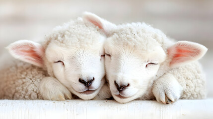 Naklejka premium Two lambs cuddling, sleeping peacefully in a barn, springtime