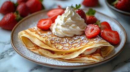 Exquisite crepe dessert artfully folded around fresh whipped cream and ripe strawberries, garnished elegantly, minimalist marble background, soft directional studio lighting emphasizing fine textures,