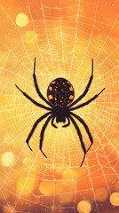 A spider weaving its web in the center of an orange and yellow background
