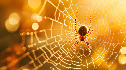 A spider weaving its web in the center of an orange and yellow background
