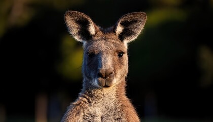 Engaging Eastern Grey Kangaroo Portrait, Capturing the Curious Stare of a Young Macropus Giganteus Amidst Australian Bushland with Warm Earthy Tones and a Serene Atmosphere.