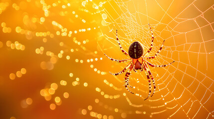 A spider weaving its web in the center of an orange and yellow background
