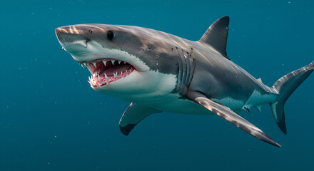 Naklejka premium Great white shark swimming in deep turquoise ocean water. Powerful marine predator showing teeth. Dangerous wild sea creature in natural habitat. Underwater wildlife for nature documentary