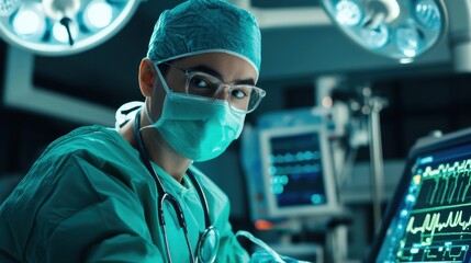 Doctor working in a hospital, professional and focused, modern medical environment, soft natural lighting, compassionate healthcare scene