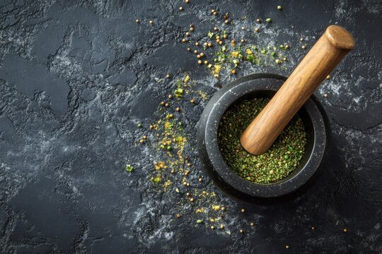 Freshly Ground Spices in a Stone Mortar on Dark Textured Background