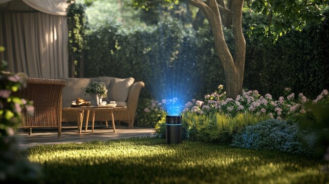 In a tranquil outdoor patio scene a holographic virtual assistant promotes relaxation by projecting soothing ambient sounds and light settings while offering personalized suggestions