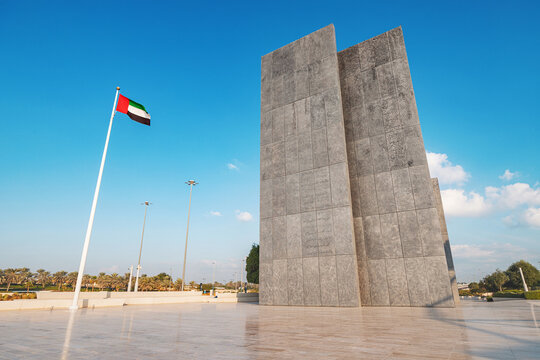 19 January 2025, Abu Dhabi, UAE: national flag waving in the wind at Wahat Al Karama, war memorial