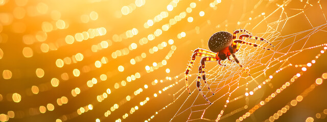 A spider weaving its web in the center of an orange and yellow background
