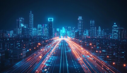 Fototapeta premium Futuristic smart cityscape, long exposure of the highway foreground, city skyline at night with glowing lights, visible wireless networks, ultradetailed 8K render