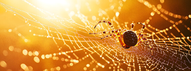 A spider weaving its web in the center of an orange and yellow background
