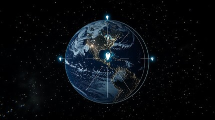 Obraz premium Earth in Space with Location Markers, A digital illustration of Earth in space with location markers highlighting gps tracker