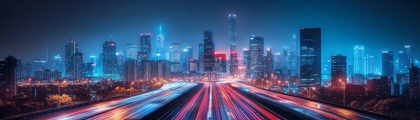 Fototapeta premium Long exposure nighttime shot of a city skyline