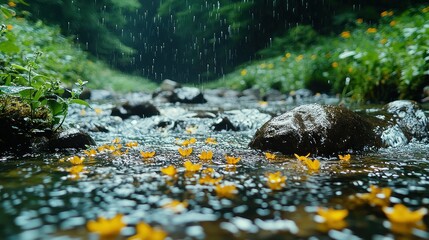 Fototapeta premium Raining flowers, mountain stream