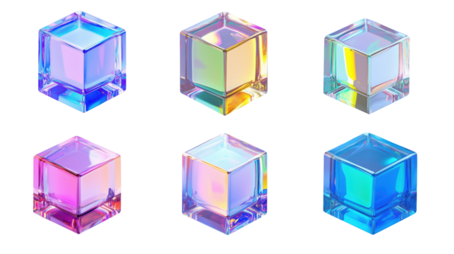 A set of transparent holographic glass cubes with iridescent reflections, ideal for futuristic design, 3D modeling, and abstract digital art. Generative AI