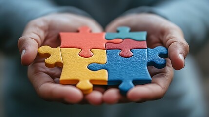 Hands cupping colorful puzzle pieces, representing teamwork and solutions, soft background