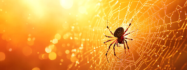 A spider weaving its web in the center of an orange and yellow background
