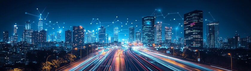 Obraz premium Nighttime city skyline with smart infrastructure, long exposure effect on the highway in the foreground, wireless connectivity, glowing lights, futuristic technology, 8K clarity