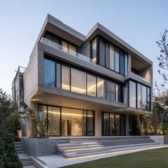 Concrete modern house with large windows and glass panels