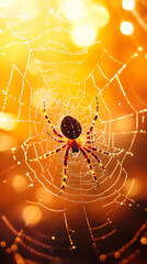 A spider weaving its web in the center of an orange and yellow background
