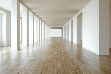 Fototapeta premium Empty Modern Hallway with Wooden Floors and Bright White Walls